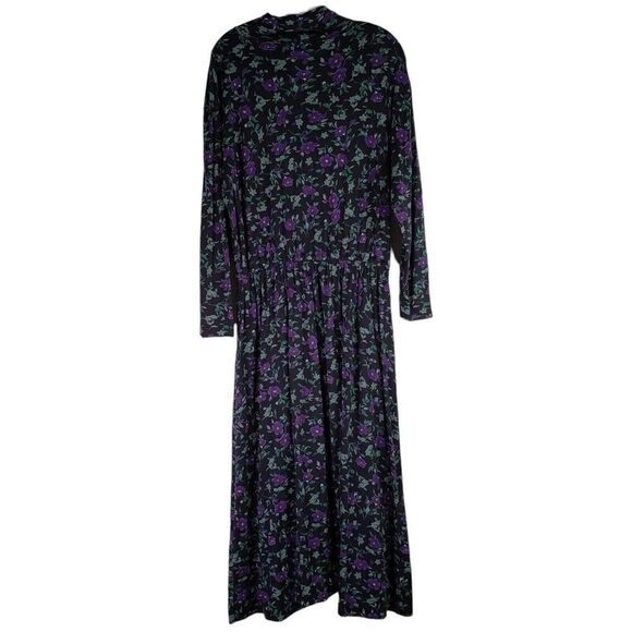 LL Bean Maxi Dress Modest Womens Size Large Floral Black Cotton Farmhouse - Picture 3 of 9